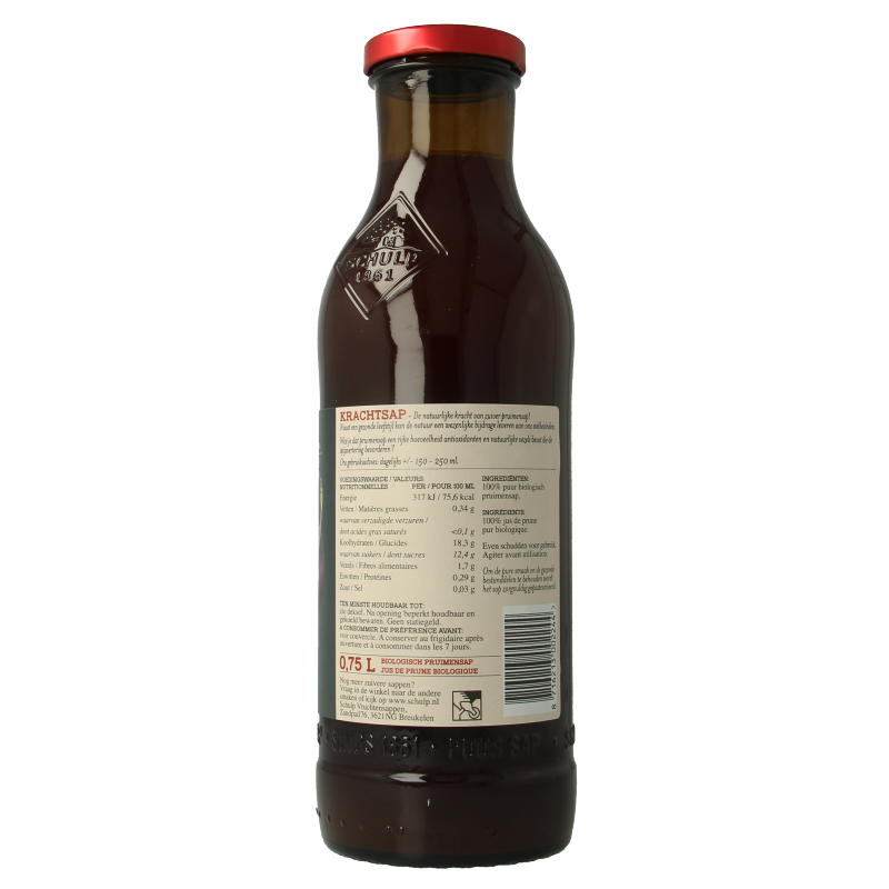 Schulp Krachtsap pruimensap puur bio in 750ml bottle, natural and organic drink, visible label and clear glass bottle.