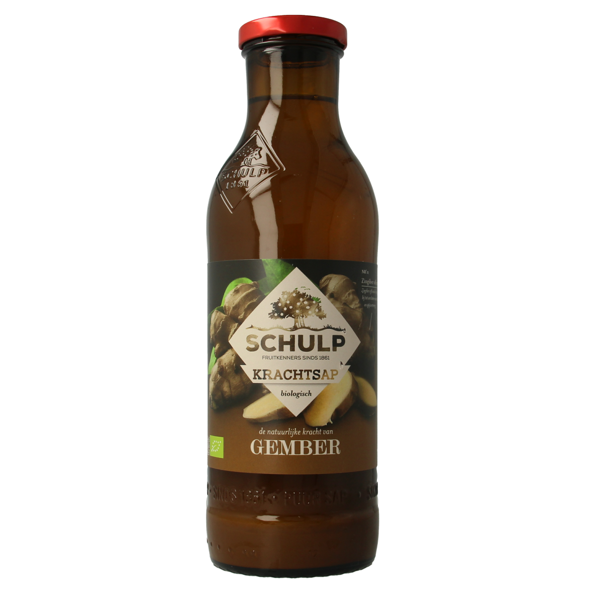 Schulp Krachtsap gembersap puur bio in 750ml bottle, natural ginger juice with organic ingredients.
