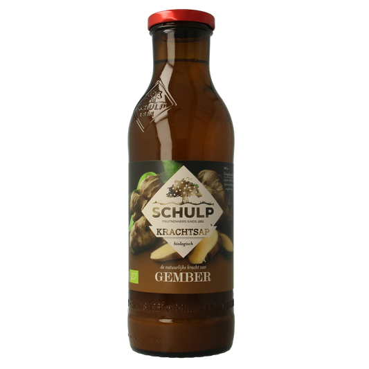 Schulp Krachtsap gembersap puur bio in 750ml bottle, natural ginger juice with organic ingredients.