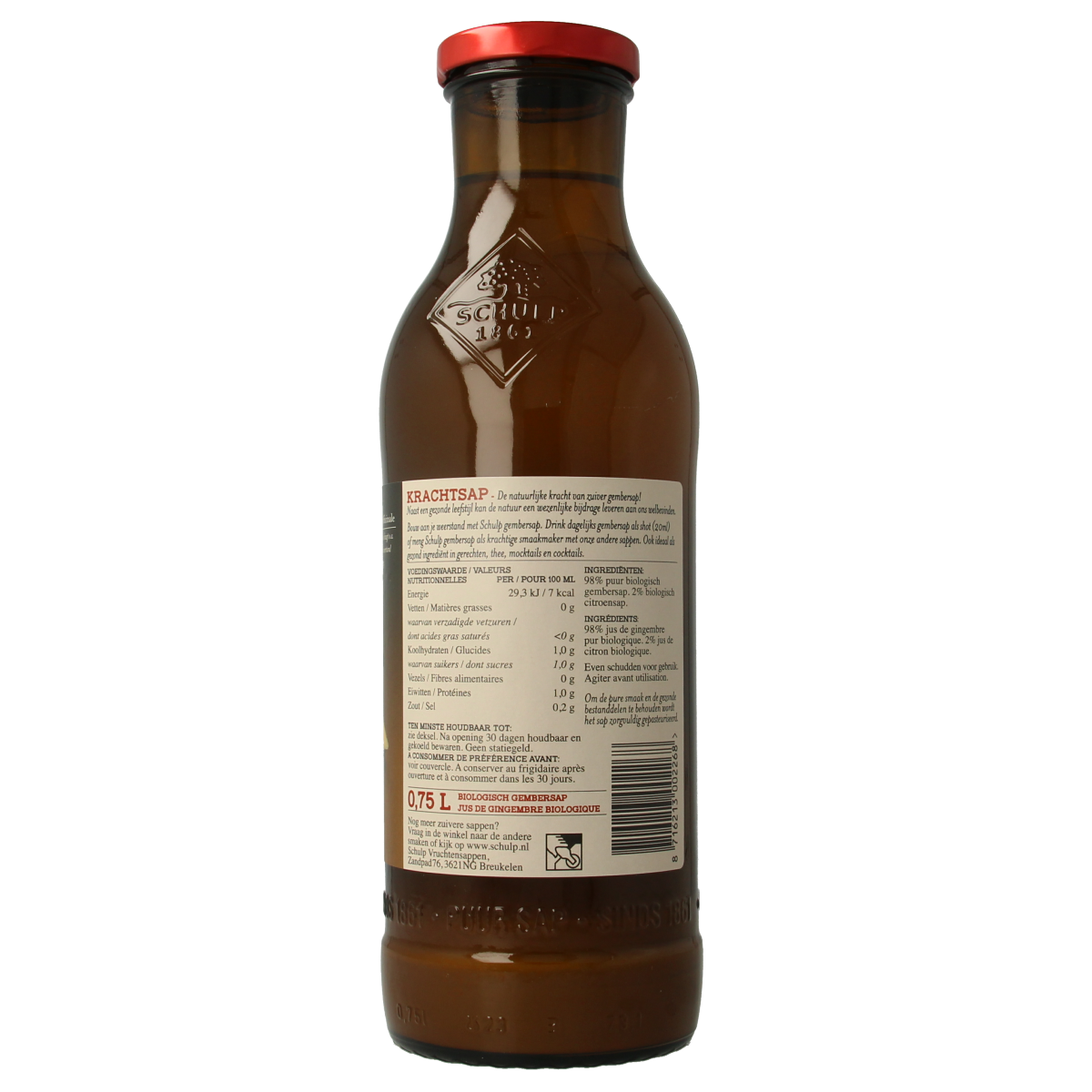 Schulp Krachtsap gembersap puur bio in 750ml bottle, organic ginger juice, natural drink, healthy beverage.