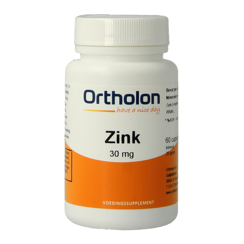 Ortholon Zink 30mg mineral supplement in a bottle of 60 tablets, showing the supplement packaging and tablets inside.
