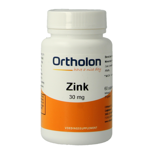 Ortholon Zink 30mg mineral supplement in a bottle of 60 tablets, showing the supplement packaging and tablets inside.