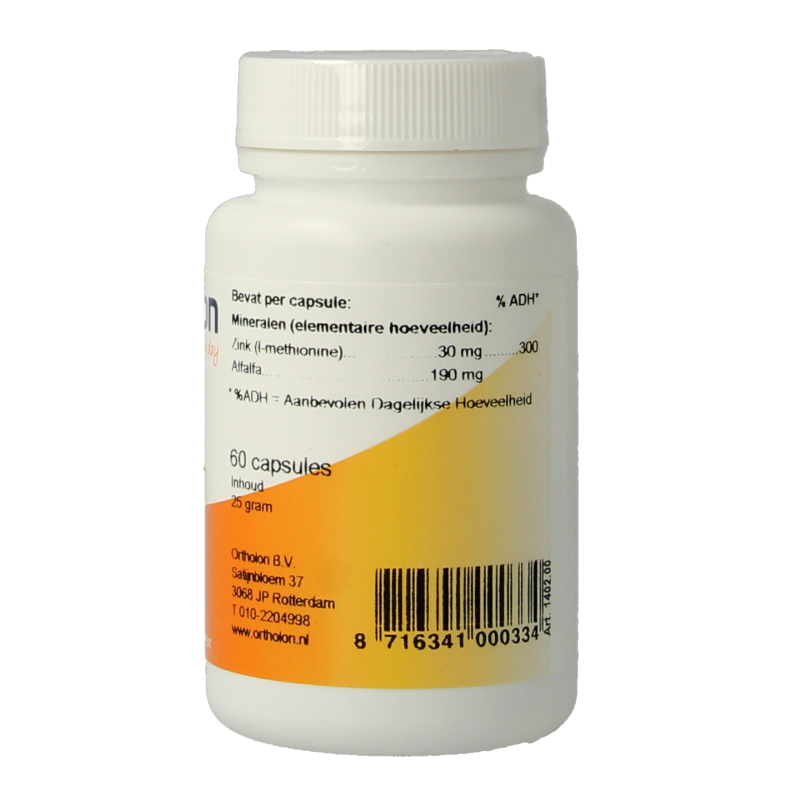 Ortholon Zink 30mg mineral tablets, 60 count, showing zinc supplement bottle and tablets in blister pack.