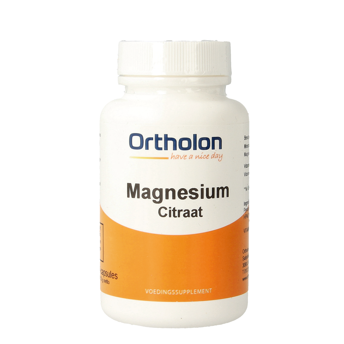 Ortholon Magnesium Citraat vegetarian capsules in a bottle, dietary supplement for mineral support.