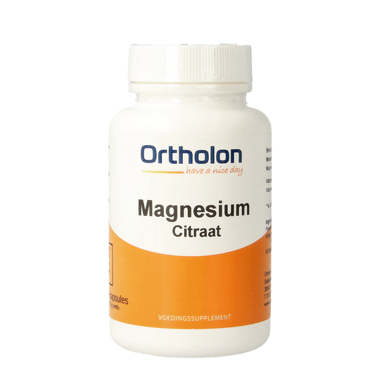 Ortholon Magnesium Citraat vegetarian capsules in a bottle, dietary supplement for mineral support.