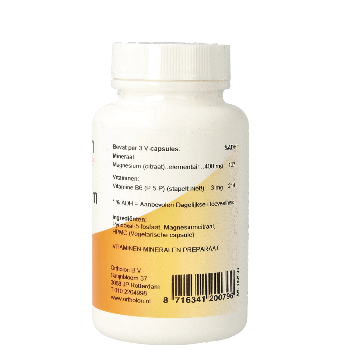 Ortholon Magnesium Citraat vegetarian capsules, mineral supplement in a clear bottle showing white capsules.