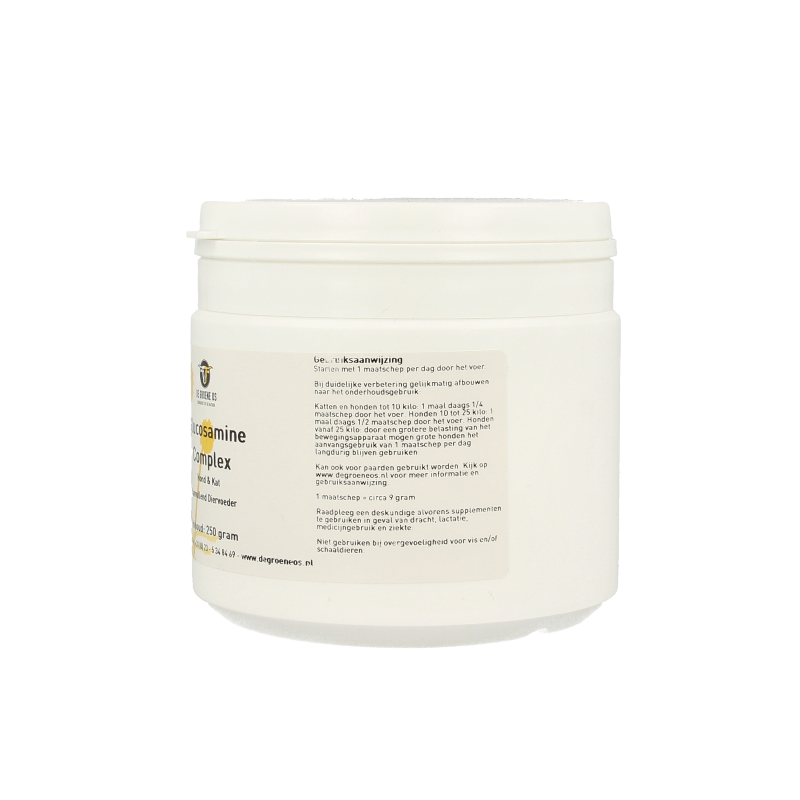 Groene Os Glucosamine complex voor hond en kat, voedingssupplement in 250 gram verpakking, ondersteunt gewrichten en mobiliteit.
