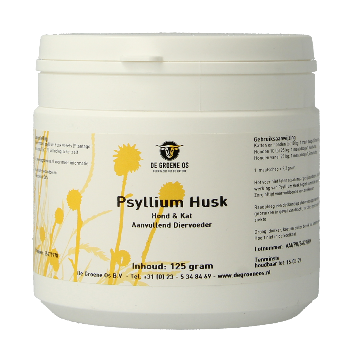 Groene Os Psyllium husk supplement for dogs and cats, 125g, natural dietary fiber for pets.
