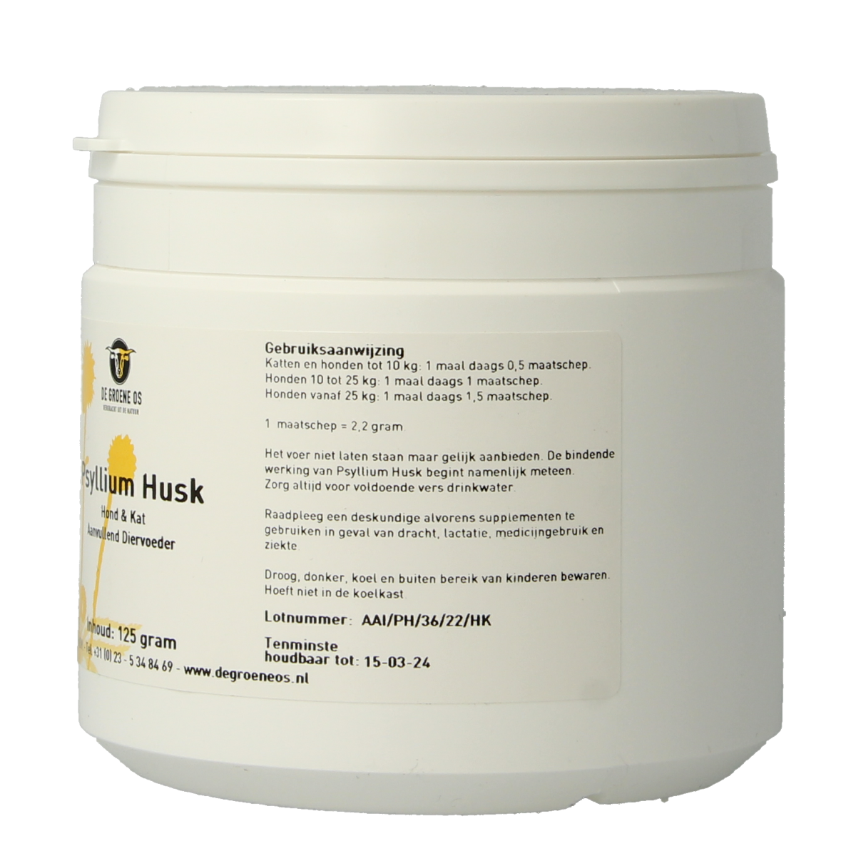 Groene Os Psyllium husk supplement for dogs and cats, 125g, natural dietary fiber for pet health, shown in the image.