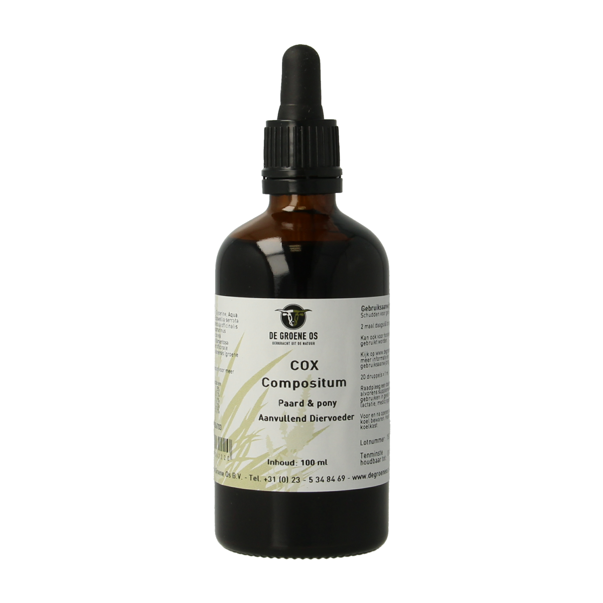 Groene Os Cox Compositum paard/pony voedingssupplement in 100ml bottle, suitable for horse and pony health.