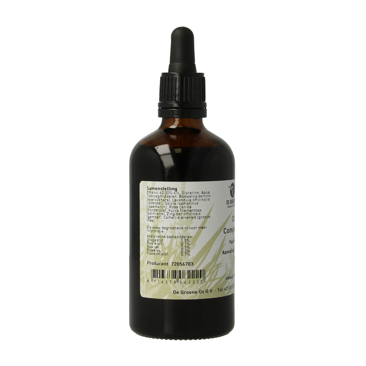 Bottle of Groene Os Cox Compositum horse and pony supplement in 100ml container, with label and dosage markings visible.