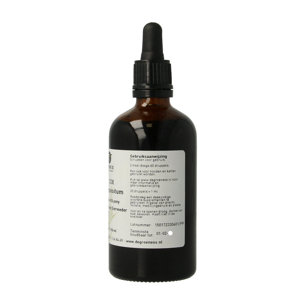 Groene Os Cox Compositum paard/pony voedingssupplement in 100ml bottle, natural remedy for horse and pony health.