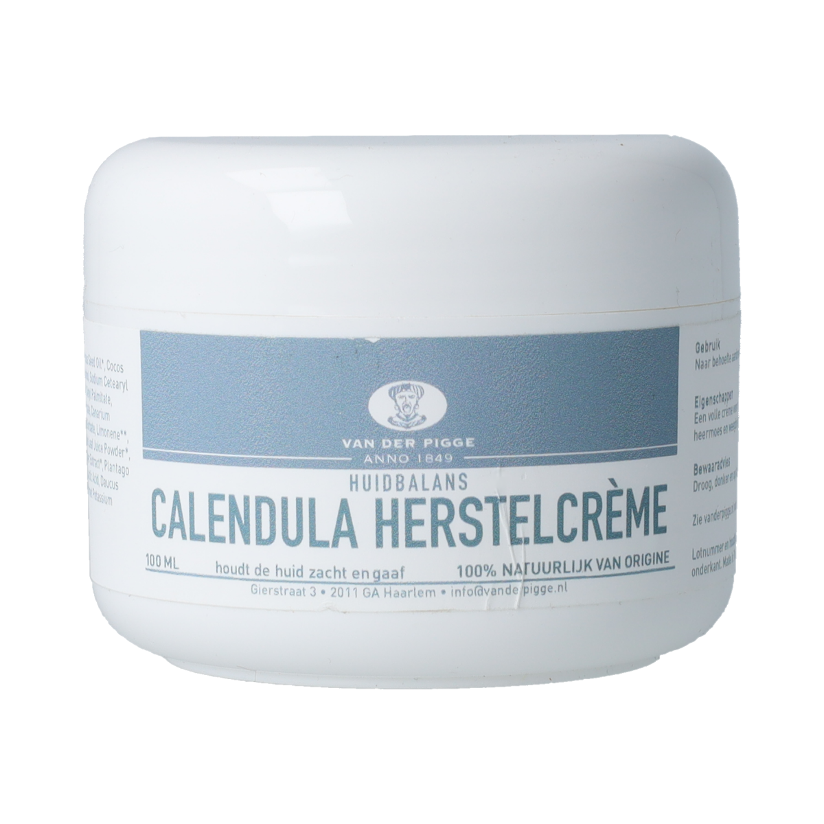 van der Pigge Huidbalans calendula herstel crème in 100ml container, soothing body care product for healthy skin.