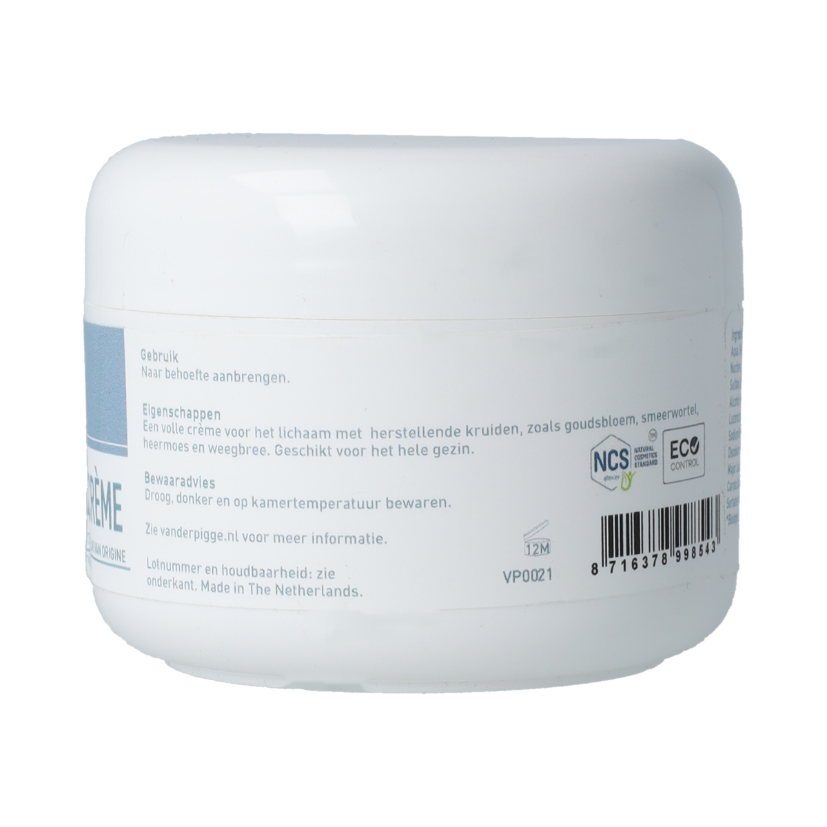 van der Pigge Huidbalans Calendula Herstel Creme in 100ml jar, moisturizing body care for sensitive skin
