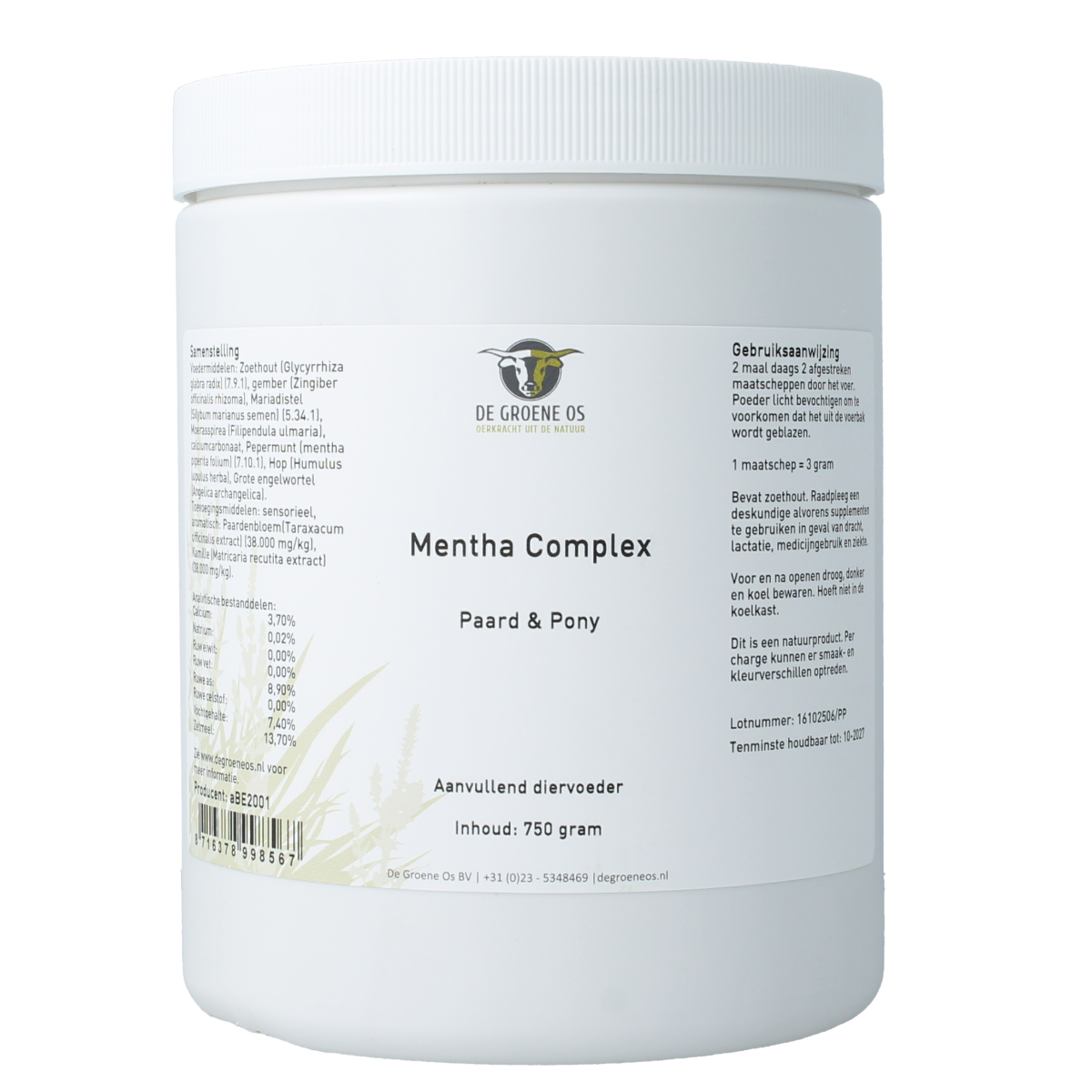 Groene Os Mentha complex voor paard en pony, 750 gram, natuurlijke verzorgingsproduct met mint aroma.
