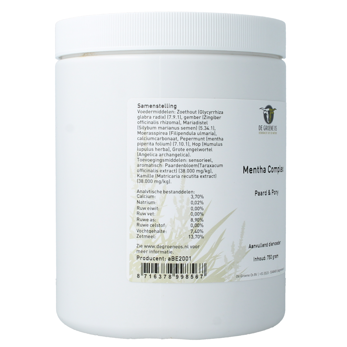 Groene Os Mentha complex voor paarden en pony's, 750 gram, met mint voor een frisse adem en welzijn.