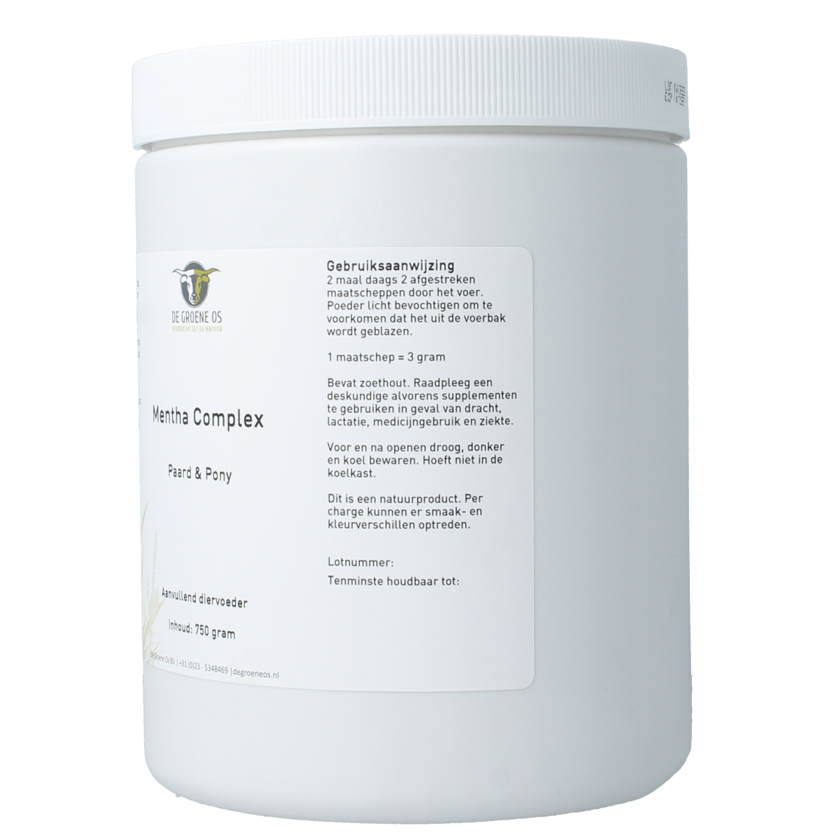 Groene Os Mentha complex voor paarden en pony's, 750 gram, natuurlijke dierenvoeding met menthol en kruiden.