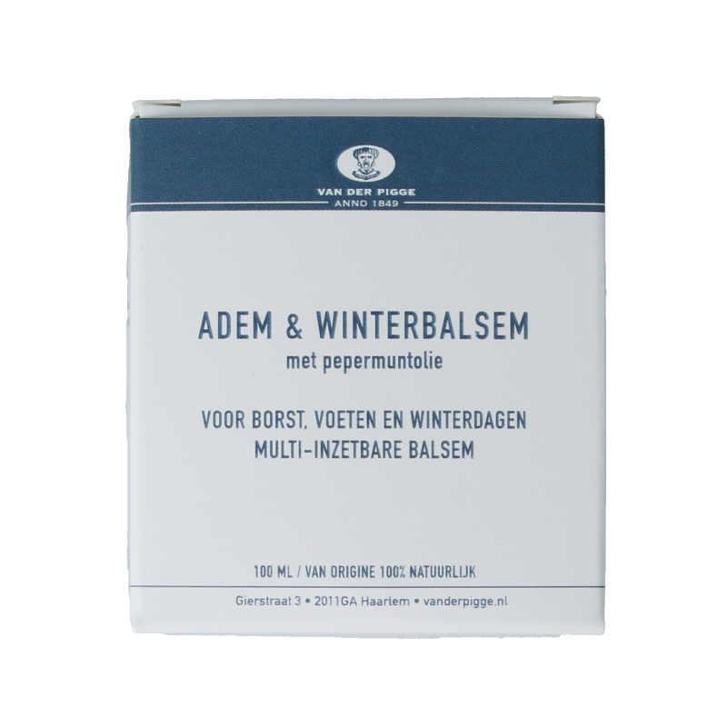 Van der Pigge Adem & winterbalsem 100ml body care product with a white and blue container, designed for soothing and warming skin.