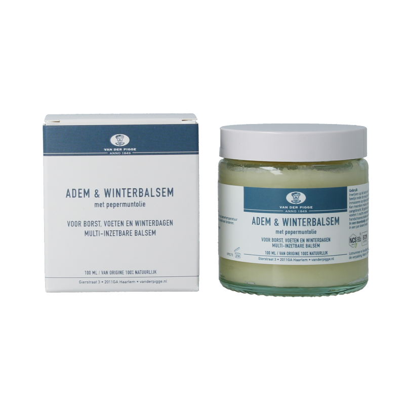 van der Pigge Adem & winterbalsem 100ml body care balm in a white jar with a green label, suitable for winter skin relief
