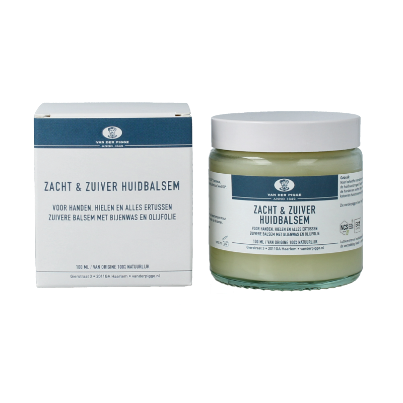 Van der Pigge Zacht & Zuiver Huidbalsem in 100ml jar, natural body care product for smooth, healthy skin.