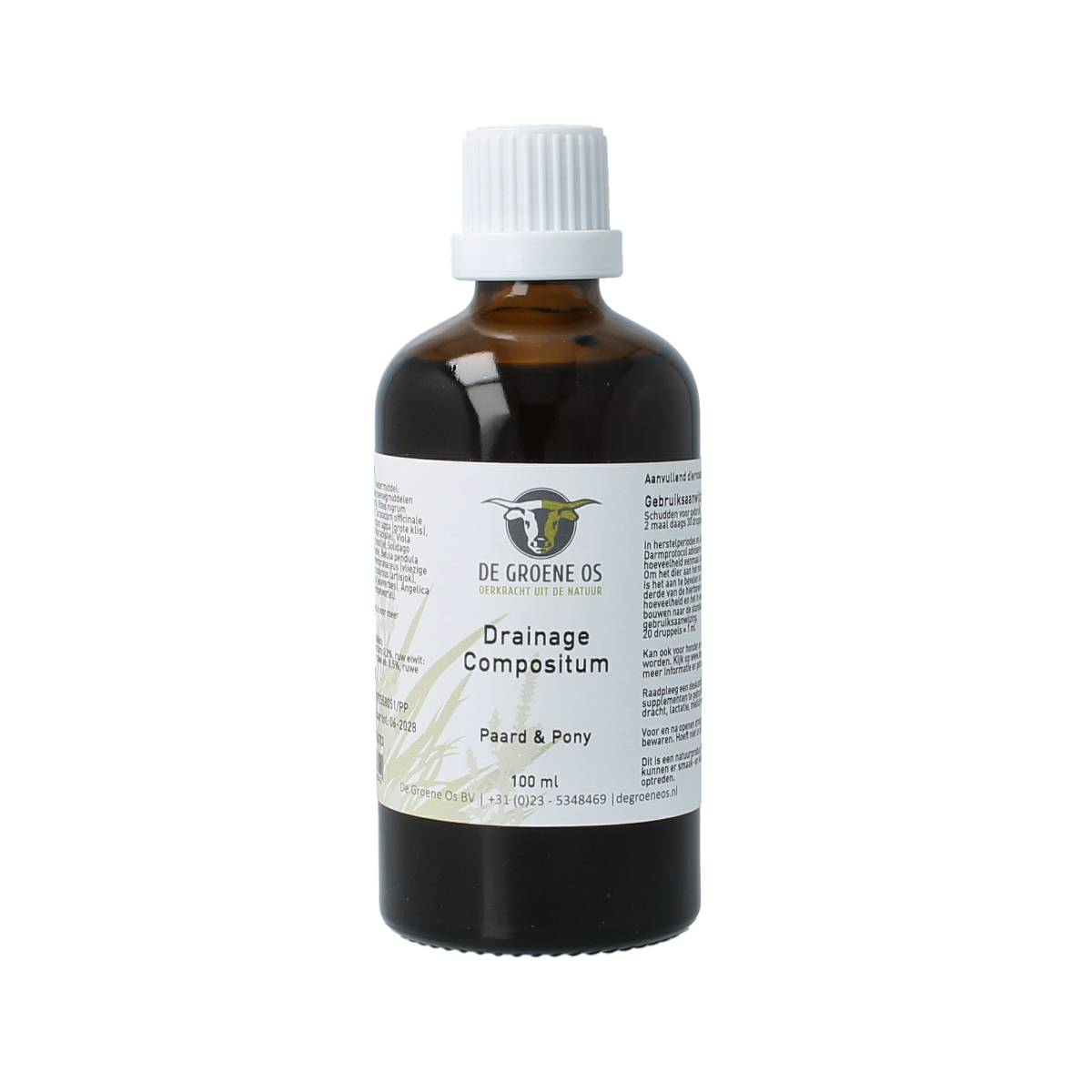 Groene Os Drainage Compositum paard en pony voedingssupplement, 100 ml, in een heldere fles met groen etiket.