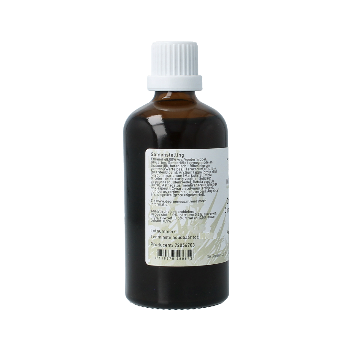 Groene Os Drainage Compositum paard/pony voedingssupplement, 100ml, in a clear bottle with a dropper cap.