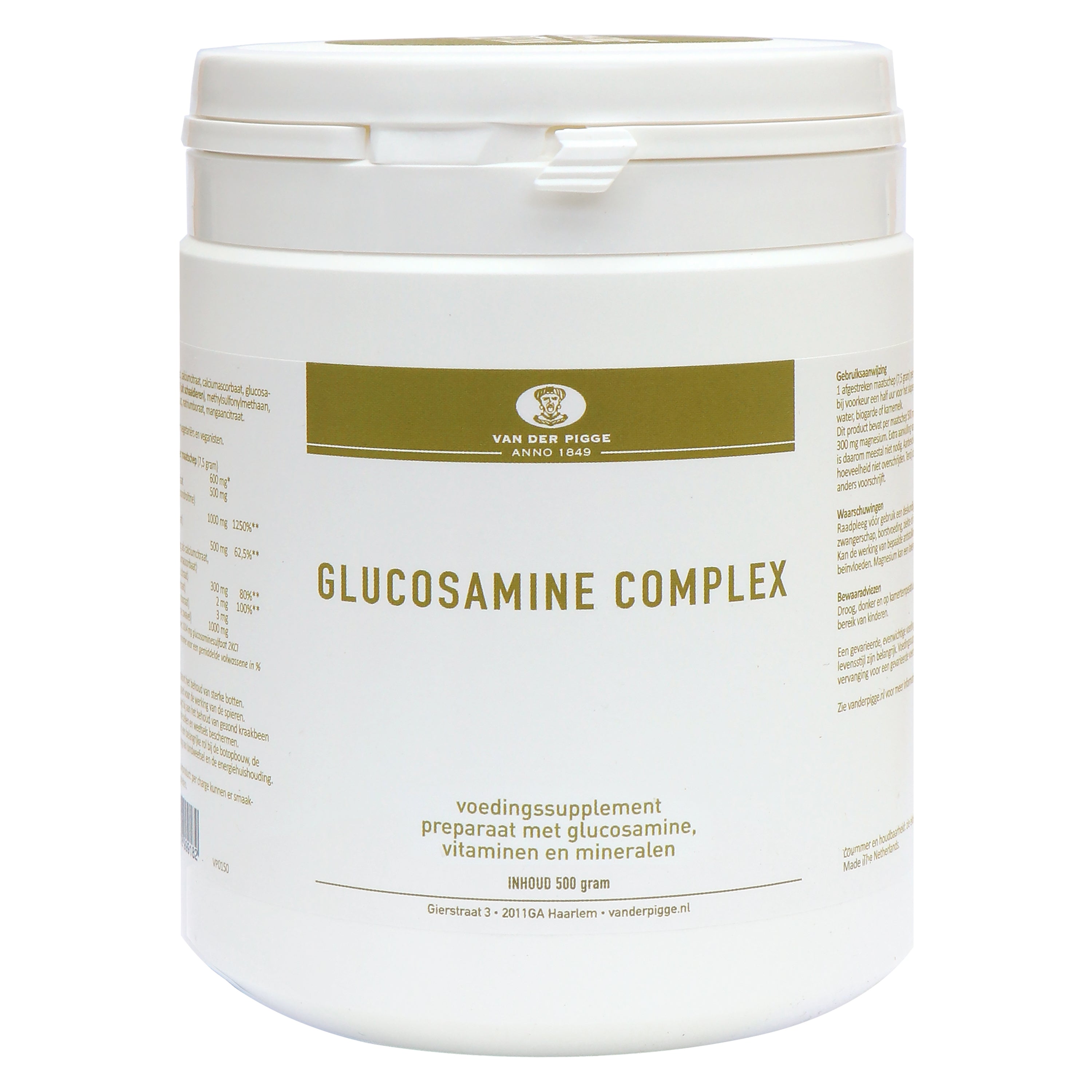 Van der Pigge Glucosamine complex mineral supplement in a 500g jar, natural ingredients, designed for joint support.