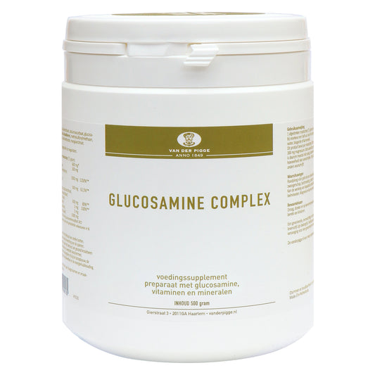 Van der Pigge Glucosamine complex mineral supplement in a 500g jar, natural ingredients, designed for joint support.