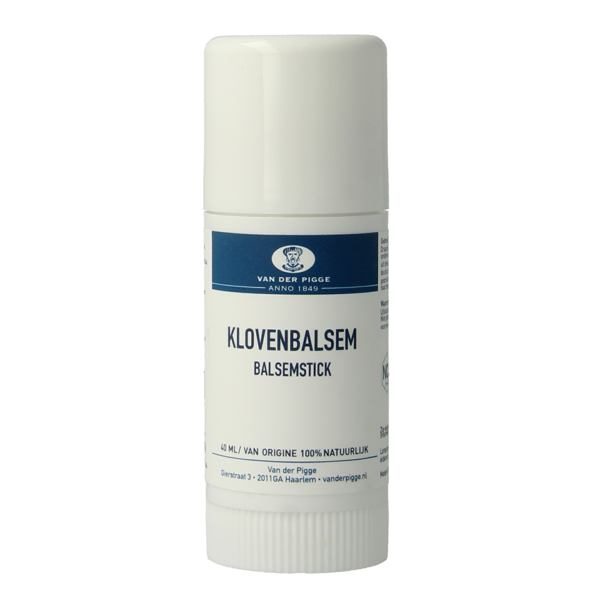 Van der Pigge Klovenbalsem stick 40ml for cracked skin, with natural ingredients, in a compact white stick container.