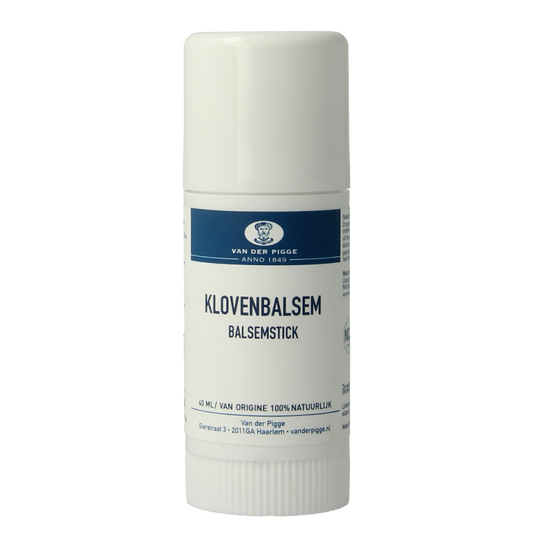 Van der Pigge Klovenbalsem stick 40ml for cracked skin, with natural ingredients, in a compact white stick container.