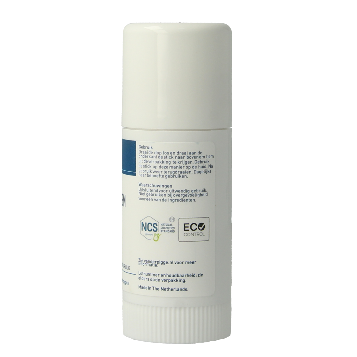 Van der Pigge Klovenbalsem stick 40ml for skin care, featuring a white stick with blue and green accents on the packaging.