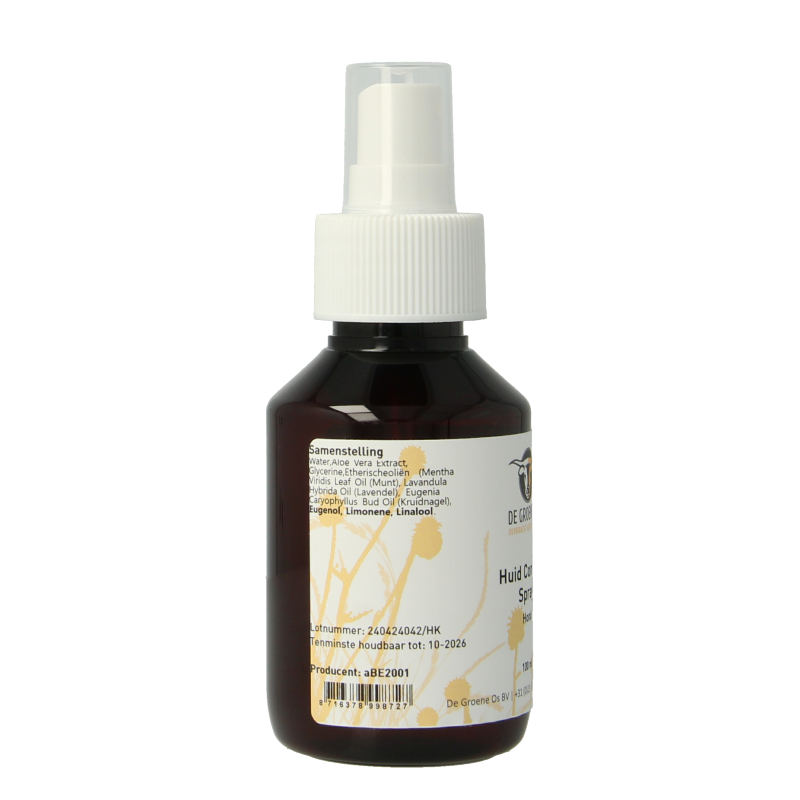 Groene Os Huid Comfort Spray voor honden, 100 ml, met natuurlijke ingrediënten voor huidverzorging en kalmering.