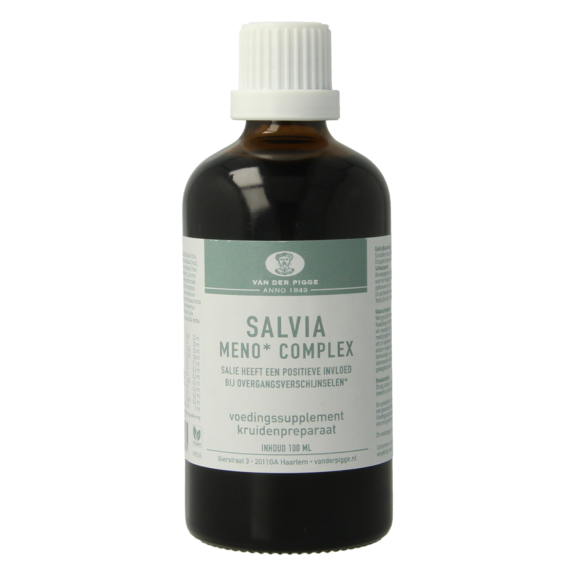Van der Pigge Salvia Meno Complex herbal preparation in a 100ml bottle, natural plant supplement for menopause support.