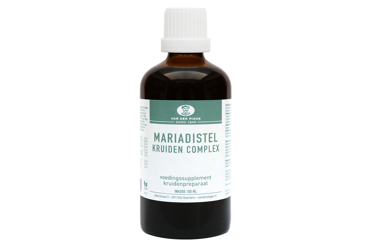 Van der Pigge Mariadistel kruidencomplex bottle, herbal supplement in 100ml container showing the product label and packaging.