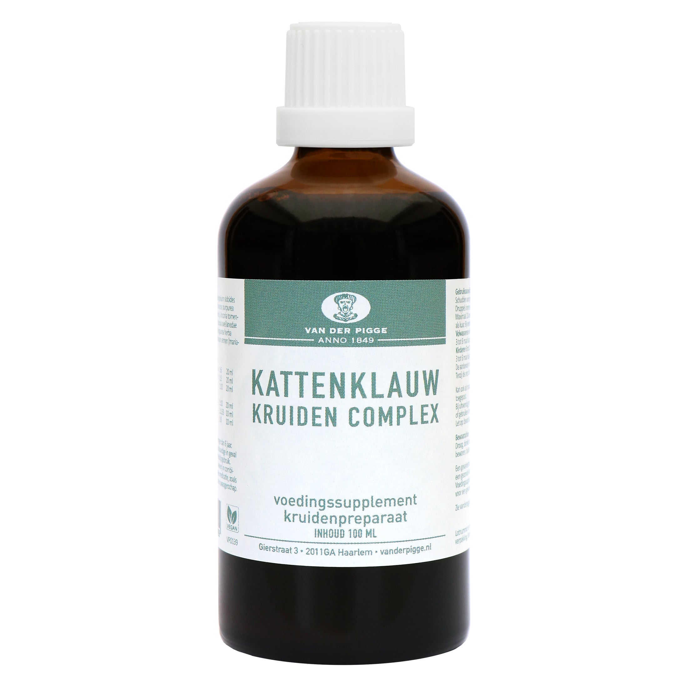 van der Pigge Kattenklauw kruidencomplex in 100ml bottle, herbal supplement for cats with natural herbal ingredients
