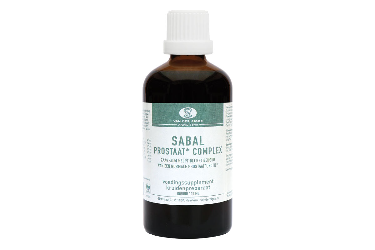 Van der Pigge Sabal prostaat complex herbal supplement in 100ml bottle, featuring natural ingredients for prostate support.