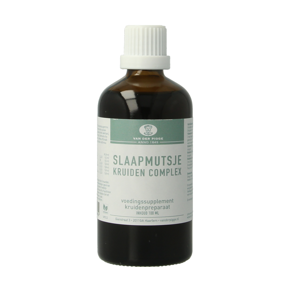 Van der Pigge Slaapmutsje kruiden complex supplement in 100ml bottle, herbal supplement for relaxation and sleep support.