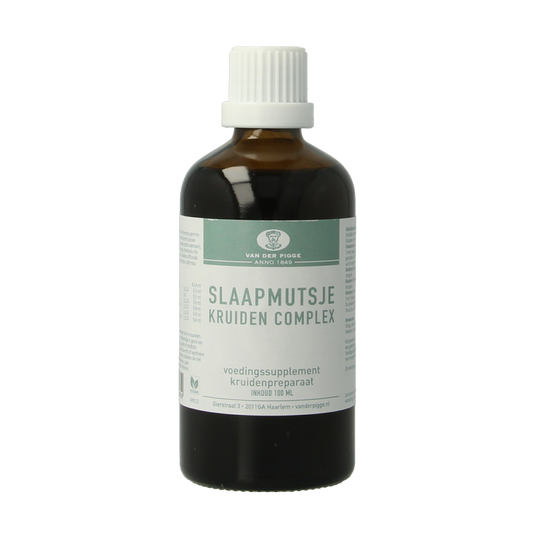 Van der Pigge Slaapmutsje kruiden complex supplement in 100ml bottle, herbal supplement for relaxation and sleep support.
