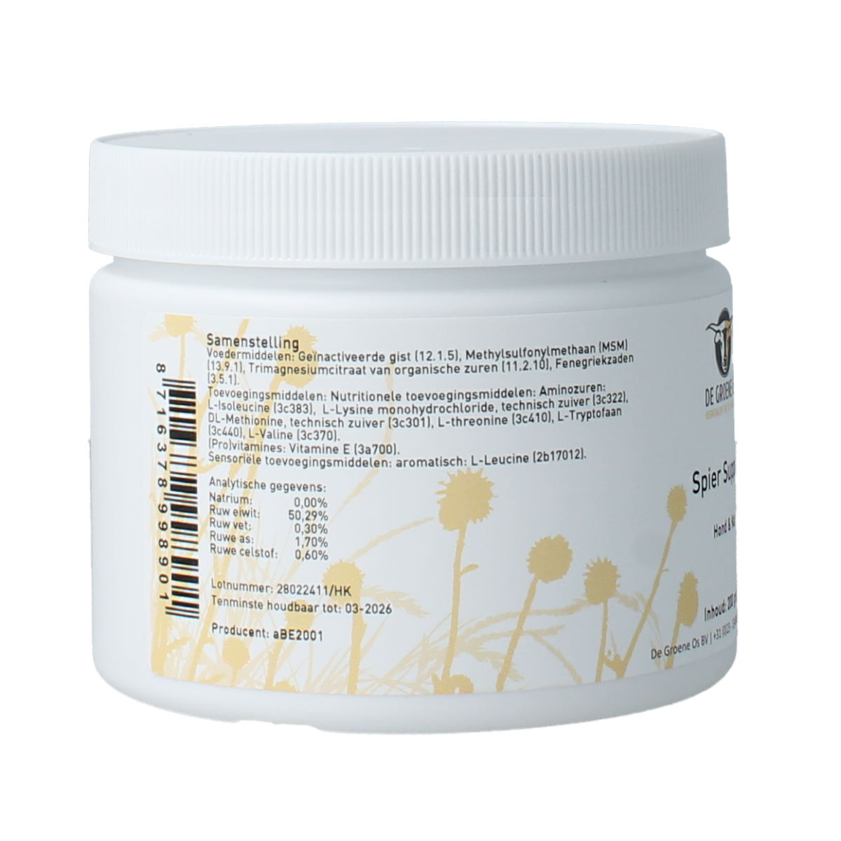 De Groene Os spierondersteuning voedingssupplement voor honden en katten, 200g, met natuurlijke ingrediënten voor spiergezondheid