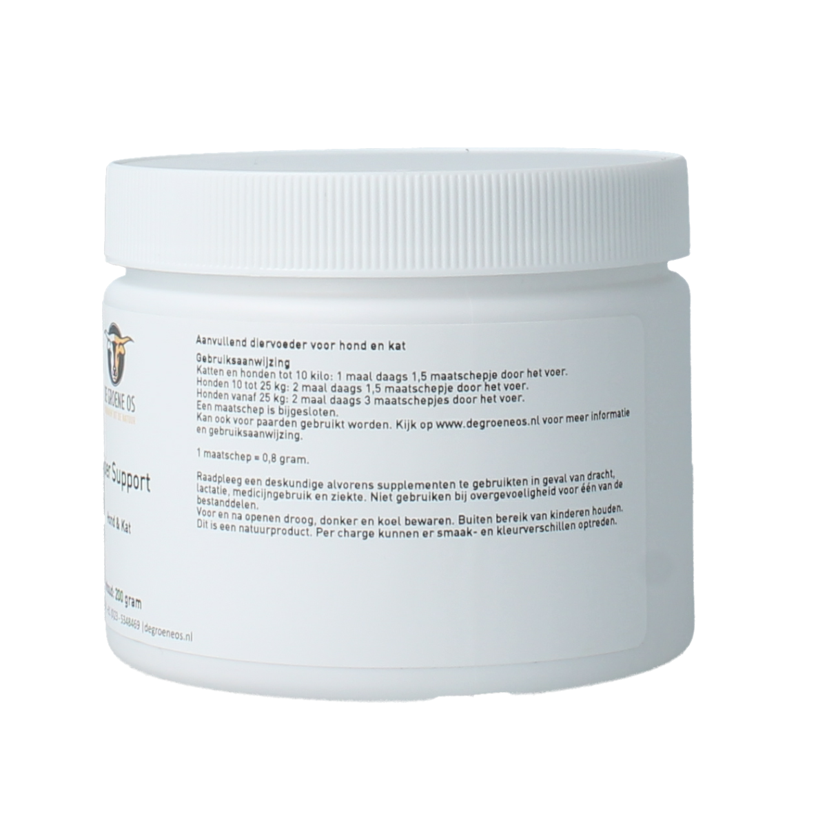 De Groene Os spierondersteunend voedingssupplement voor honden en katten, 200 gram, natuurlijke dierenvoeding.