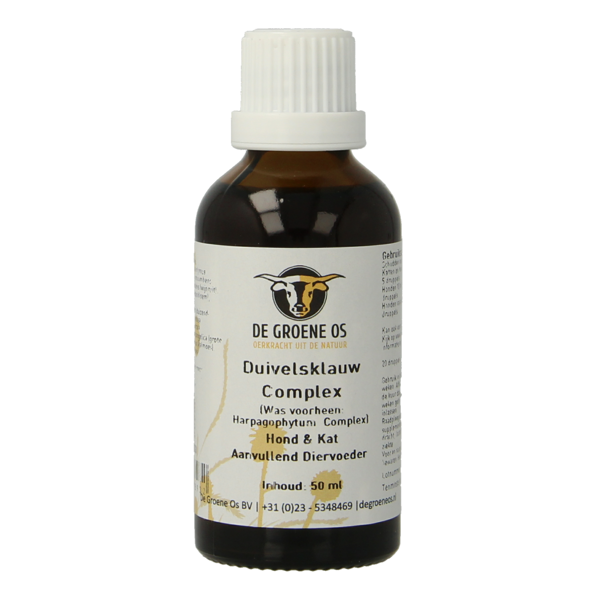 Groene Os Duivelsklauw complex voedingssupplement voor hond en kat in 50ml fles, bevat natuurlijke ingrediënten voor dierengezondheid