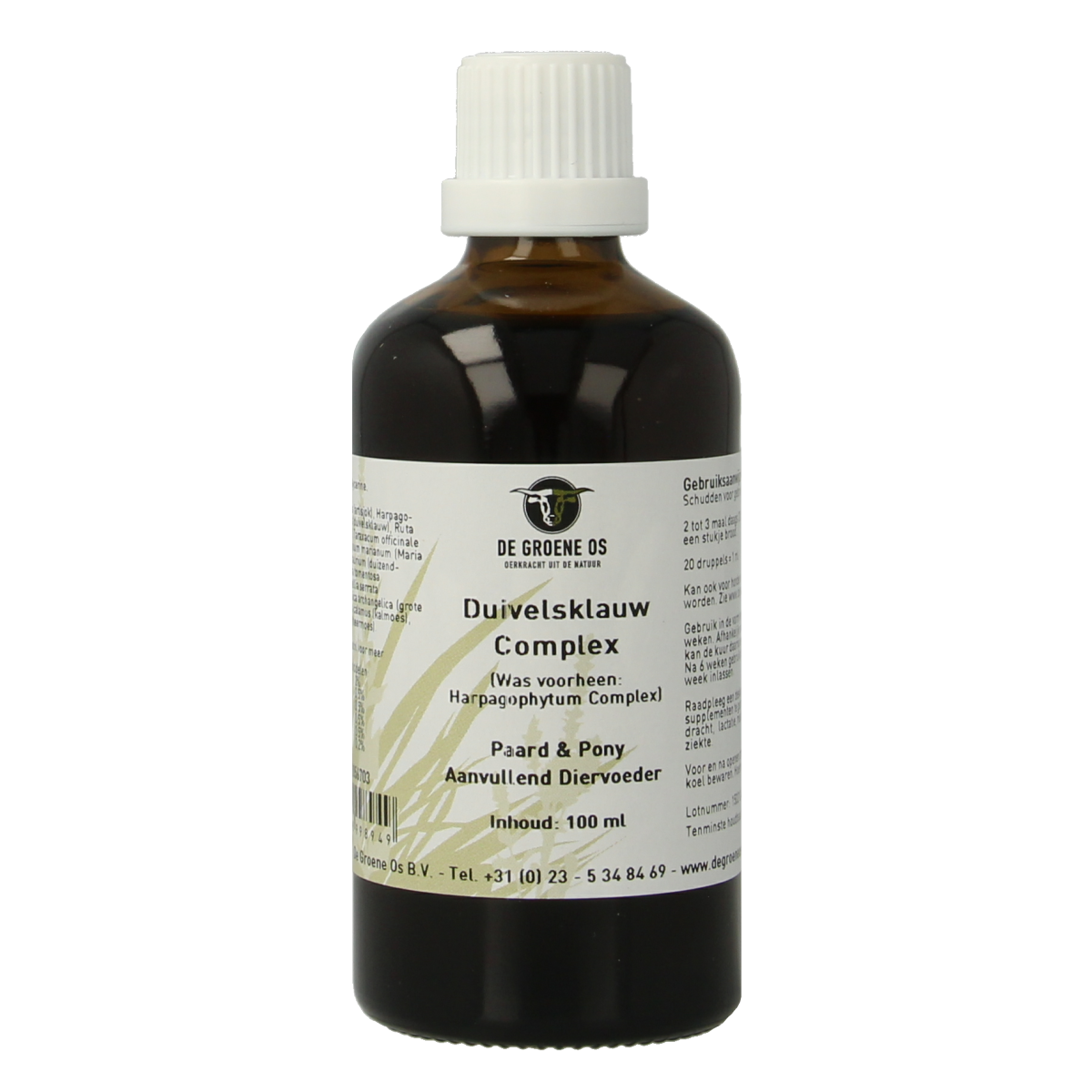 Groene Os Duivelsklauw complex voedingssupplement voor paarden en pony, 100ml flacon with label showing product details