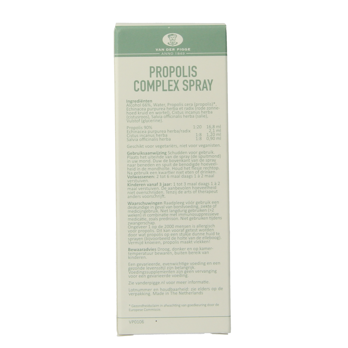 Van der Pigge Propolis complex spray in a 30ml bottle, a natural laxative product with propolis extract for digestive support.