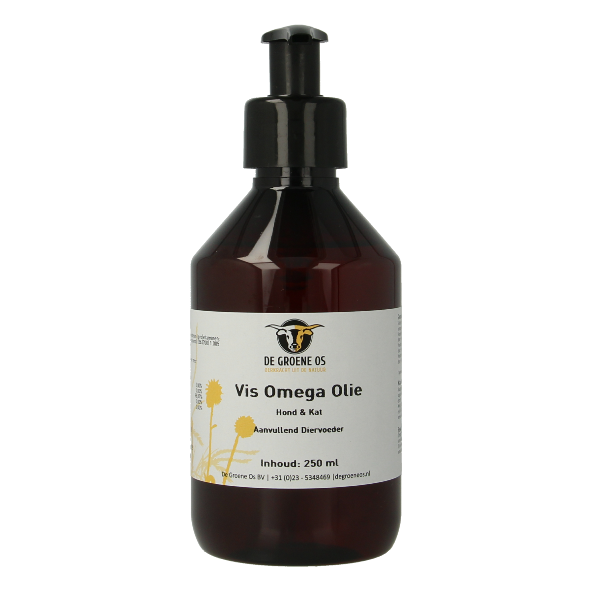 Groene Os Vis omega voedingssupplement voor honden en katten in 250ml fles, visolie voor gezonde huid en vacht