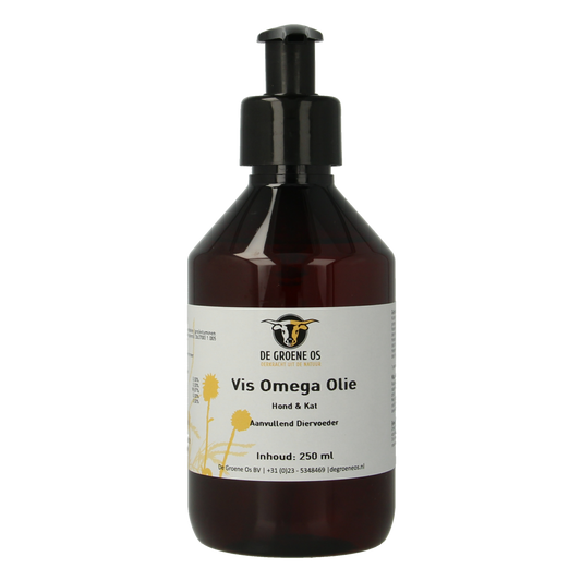 Groene Os Vis omega voedingssupplement voor honden en katten in 250ml fles, visolie voor gezonde huid en vacht