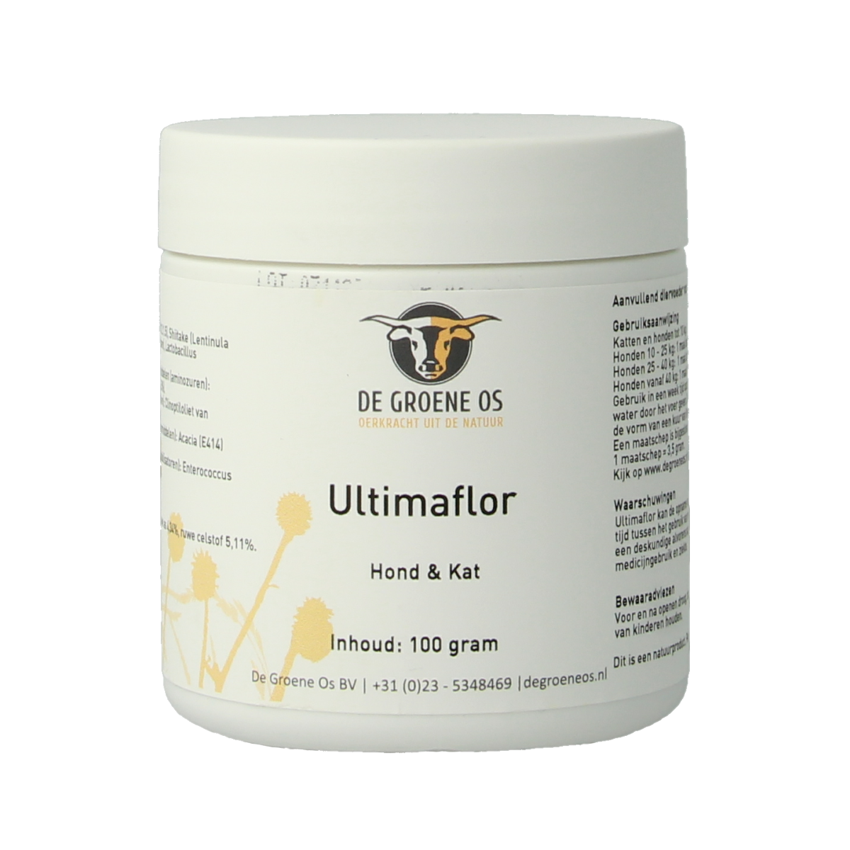 Groene Os Ultimaflor voedingssupplement voor honden en katten, 100g, met natuurlijke ingrediënten, in een open doos met supplementen.