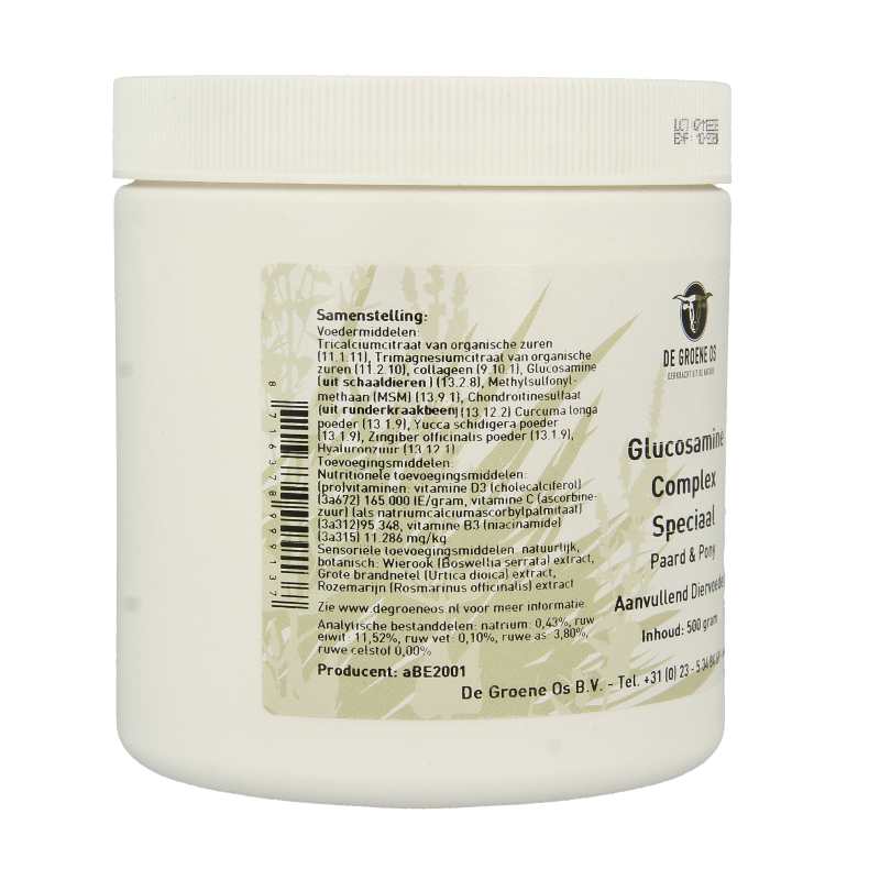 Groene Os Glucosamine complex voor paarden en pony's, 500 gram mineralen supplement in een rode container