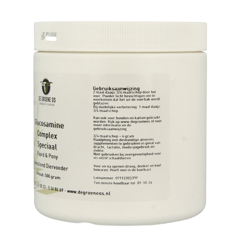 Groene Os Glucosamine complex voor paarden en pony's, 500g mineralen supplement met glucosamine en natuurlijke ingrediënten.