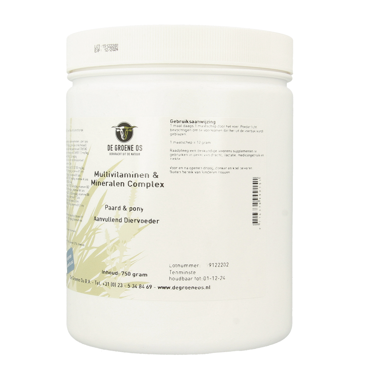 Groene Os multivitamine en mineralen complex voor paarden en pony, 750 gram voedingssupplement voor dieren.