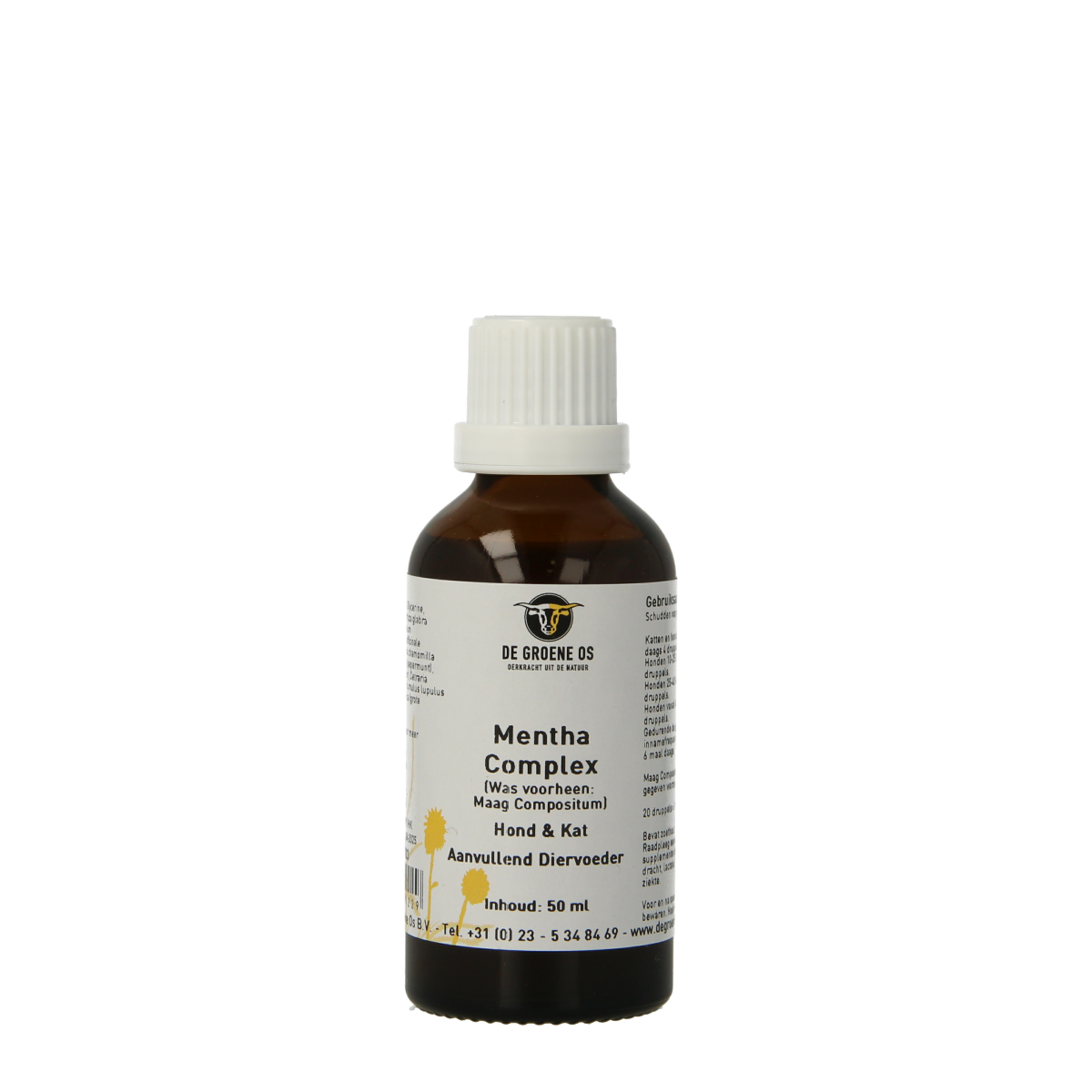 Groene Os Menta complex dierenvoedingssupplement voor honden en katten in 50ml fles, menthol en natuurlijke ingrediënten